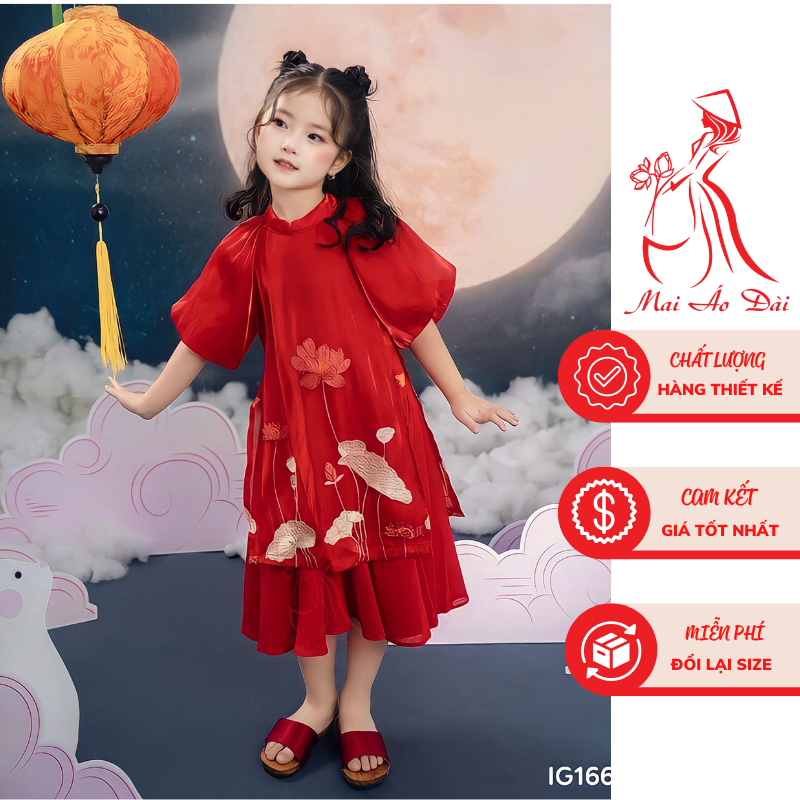 Áo dài cách tân cho bé gái Hoa Sen đỏ, vàng tay bồng, chân váy 2 lớp xịn xò cao cấp