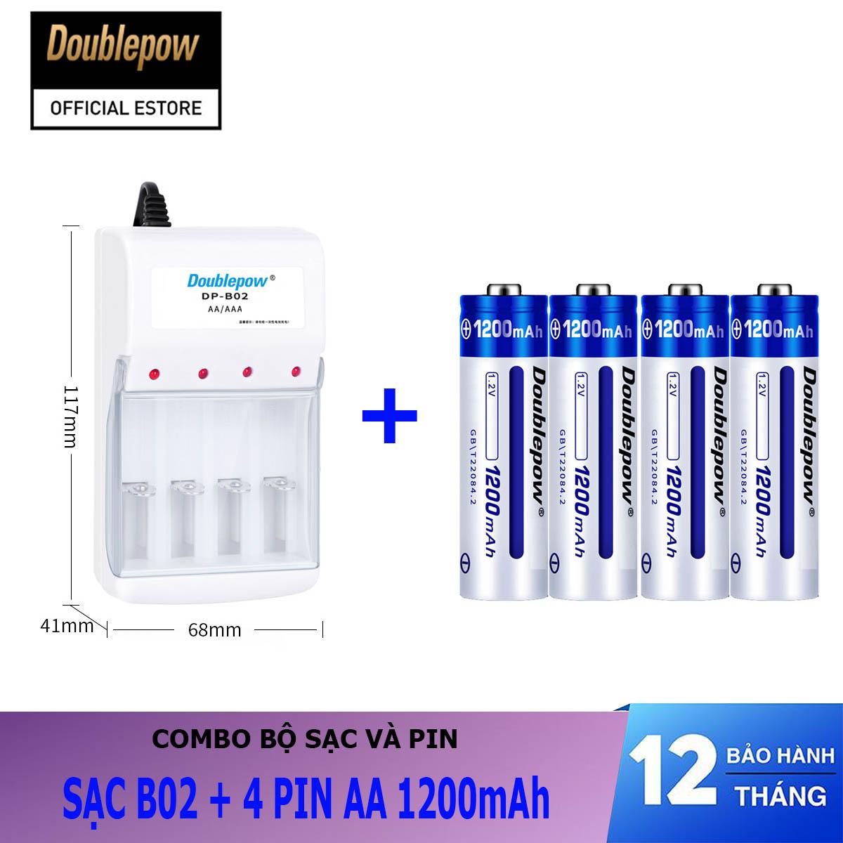 Combo sạc pin 4 cổng B02 và 04 viên pin sạc AA 1200mAh - Doublepow