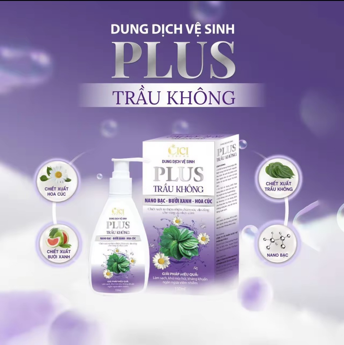 Dung Dịch Vệ Sinh Phụ Nữ Trầu Không Bưởi Xanh Hoa Cúc Hộp 150ml