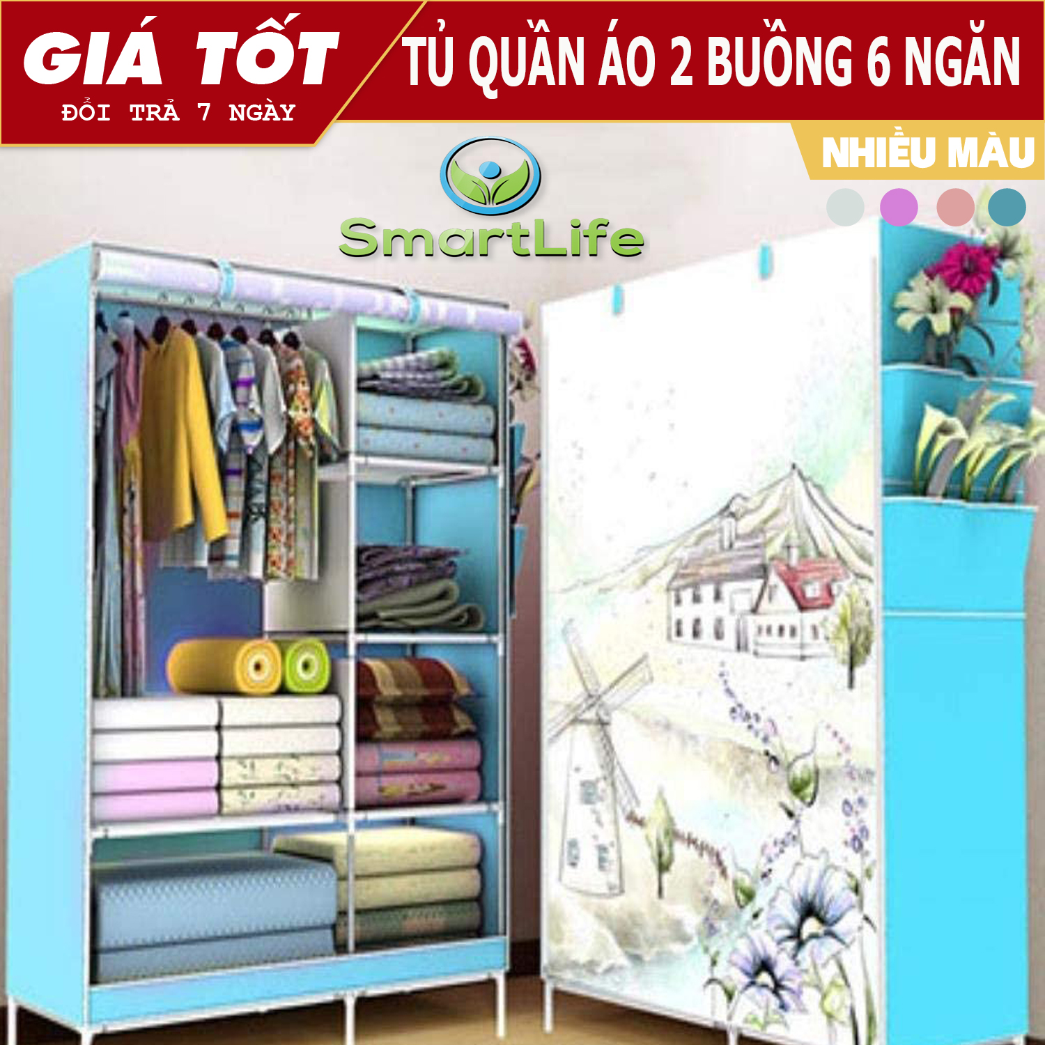 TỦ QUẦN ÁO 2 BUỒNG 6 NGĂN INOX CAO CẤP - Tủ quần áo 3D, Tủ vải, Tủ vải đựng quần áo, Tủ vải quần áo, Tủ vải treo quần áo - TỦ VẢI LẮP GHÉP XẾP GỌN CỰC TIỆN DỤNG (Hình ngẫu nhiên)