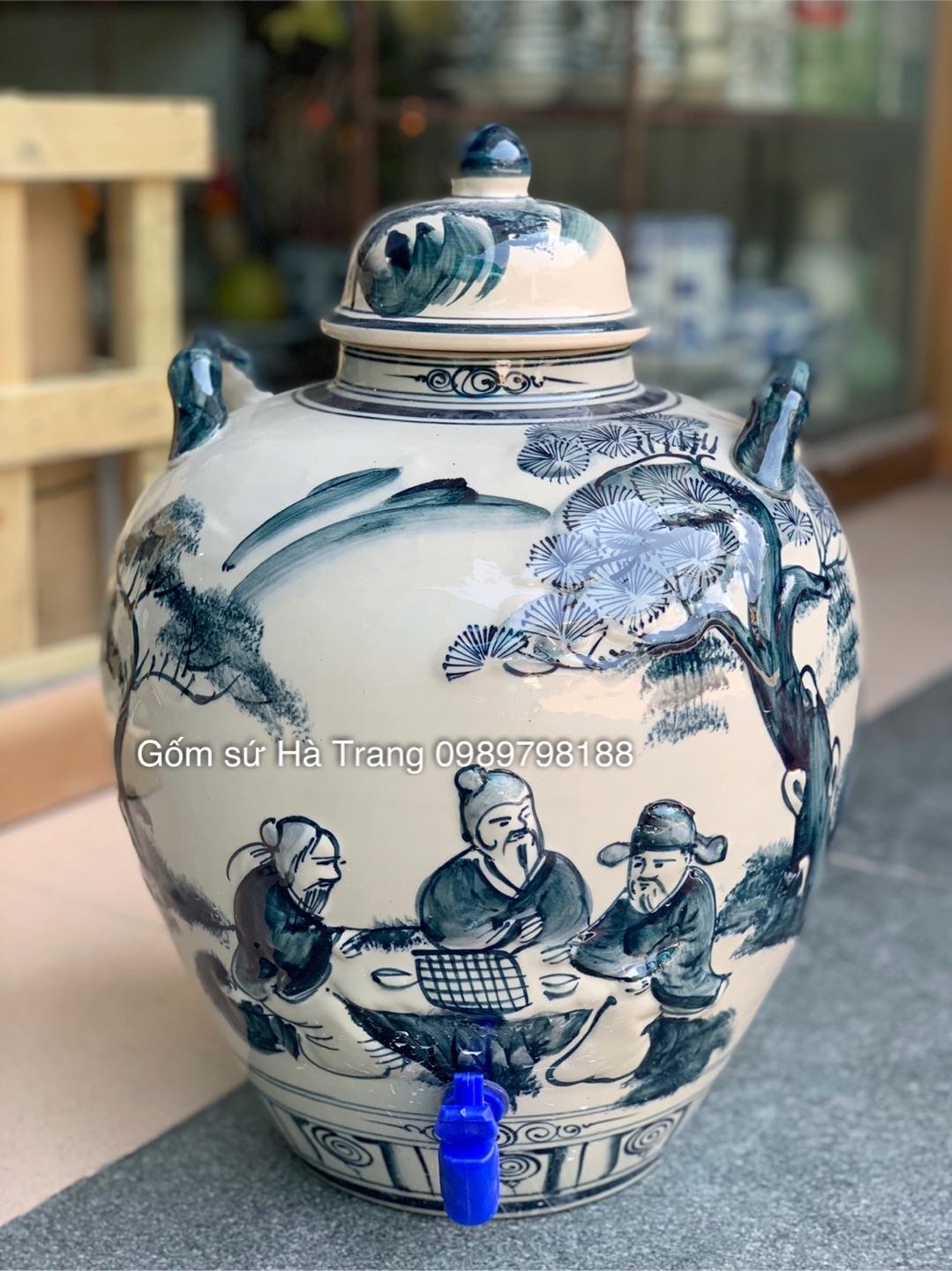 Bình nước  20 lít gốm sứ Bát Tràng vẽ tay hoạ tiết nổi