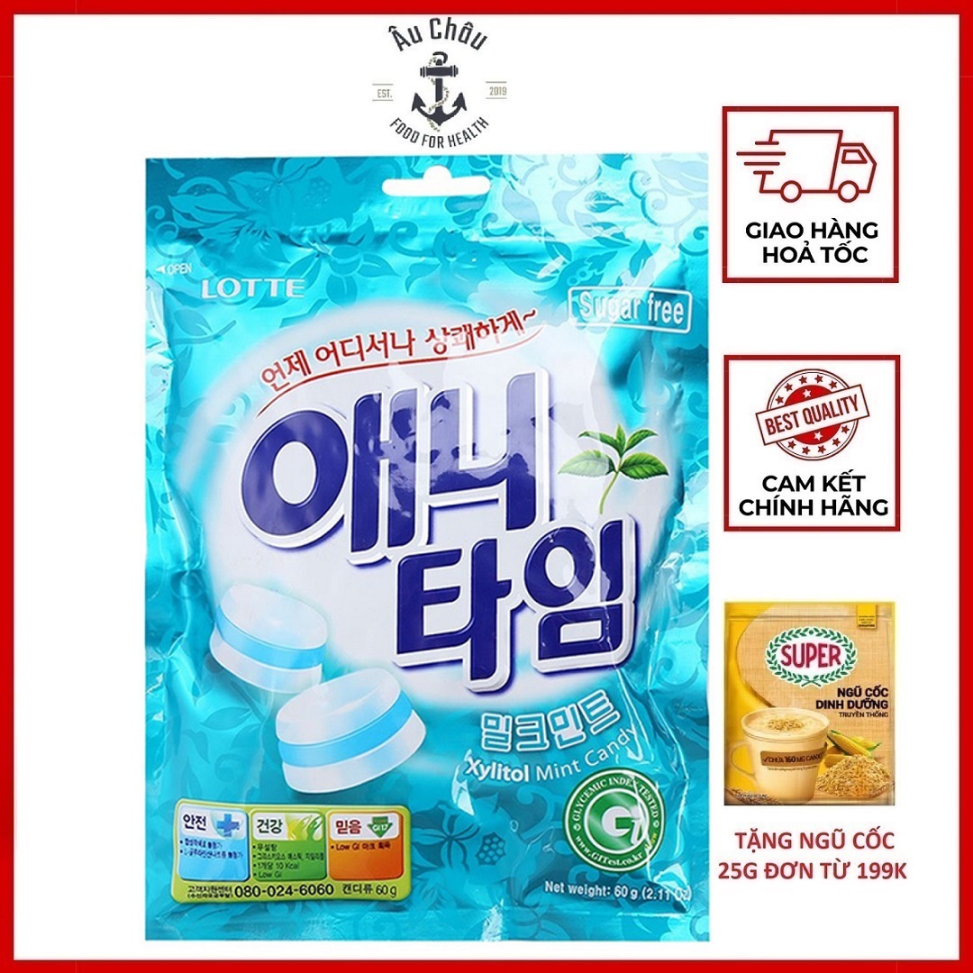 Kẹo Lotte Anytime Xylitol không đường hương bạc hà NK Hàn Quốc 60g