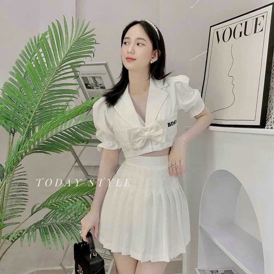 Set áo sơ mi phối nơ và chân váy tennis,set chân váy kiểu và áo-ly store