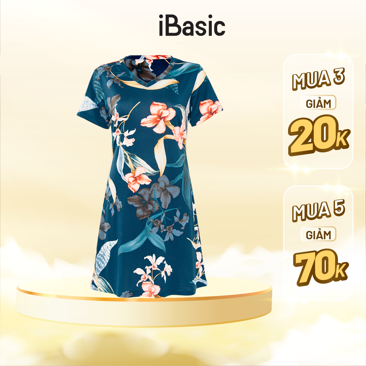 Đầm mặc nhà thun lạnh tay ngắn hoạ tiết iBasic 7916-3