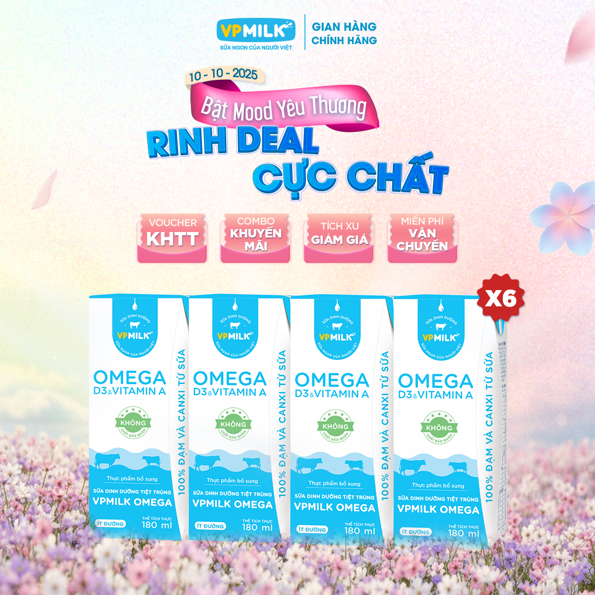   6 lốc 180ml  Sữa Dinh Dưỡng Tiệt Trùng VPMilk Omega ÍT ĐƯỜNG dạng hộp 180ml cho bé trên 1 tuổi  4 hộp x 6  