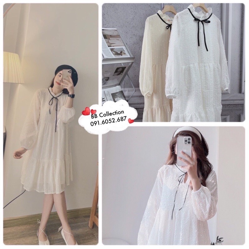 Váy babydoll cổ nơ tiểu thư chất liệu ren hạt có 2 màu siêu xinh
