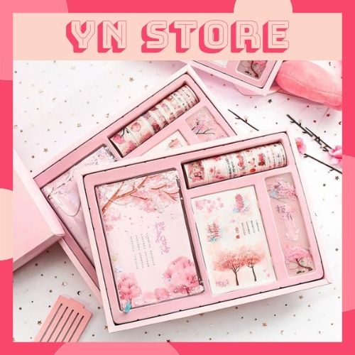 Sổ Tay Ghi Chép Kèm Thước Kẻ, Băng Dính Washi, Giấy Note Hoa Anh Đào Siêu Xinh Combo Hộp Quà 4 Trong 1