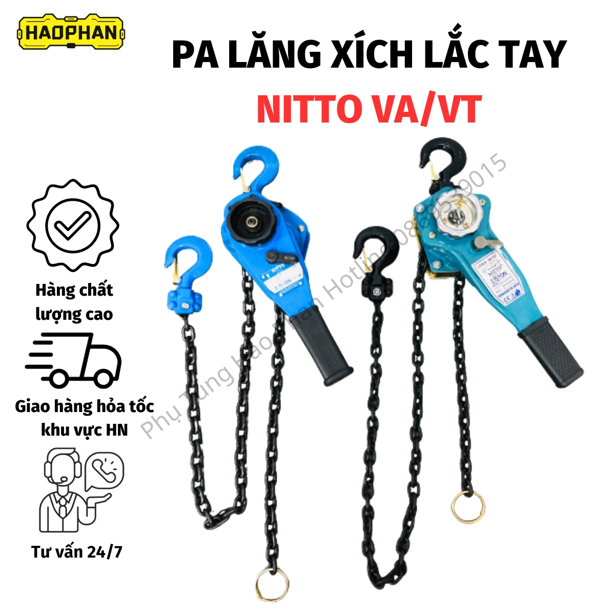 Pa lăng xích lắc tay NITTO VA, VT loại 0.75 tấn 1.5 mét, 1 tấn 5 mét, 1.5 tấn 1.5 mét, 2 tấn 1.5 mét,  3 tấn 1.5 mét,  6 tấn 1.5 mét, 9 tấn 1.5 mét  hàng chính hãng - phutunghaophan