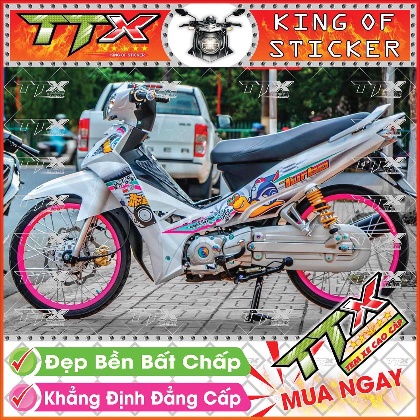 Tem Xe Sirius Trắng Hồng Xám Bạc Turbo - Tem Sirius Hồng Trắng Siêu Đẹp - Mẫu Team Sirius Trắng Hồng Xám Bạc