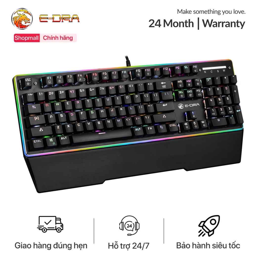 Bàn phím cơ edra ek308 led rgb - có kê tay - blue switch - led viền - chống nước - bh 24 tháng