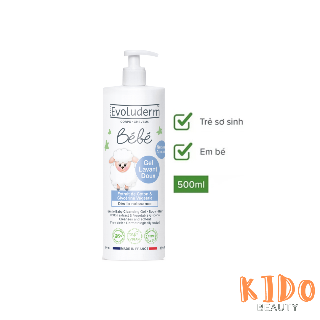Gel tắm gội nhẹ dịu cho em bé evoluderm bebe baby gentle hair and body wash 500ml - sữa tắm gội pháp