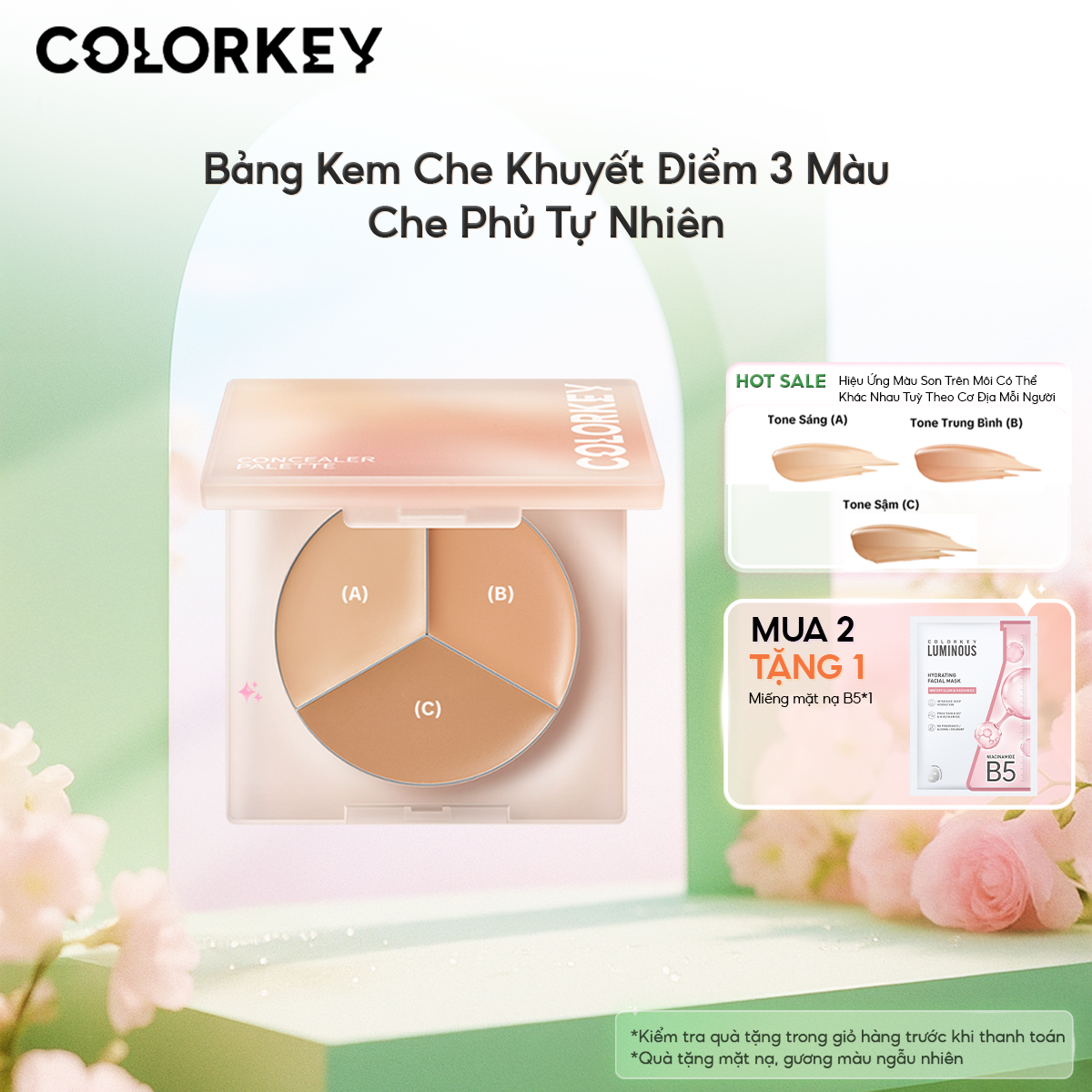  Bảng Kem Che Khuyết Điểm COLORKEY 3 Màu Chất Kem Mỏng Mịn Che Phủ Tự Nhiên 3.9g 