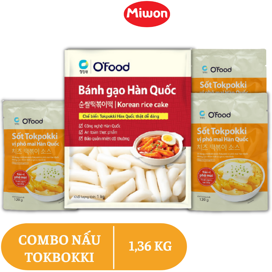 Tokbokki Hàn Quốc O'Food 1kg và 3 gói sốt vị phô mai 360g, Set nấu tokbokki cho 5 đến 6 người ăn