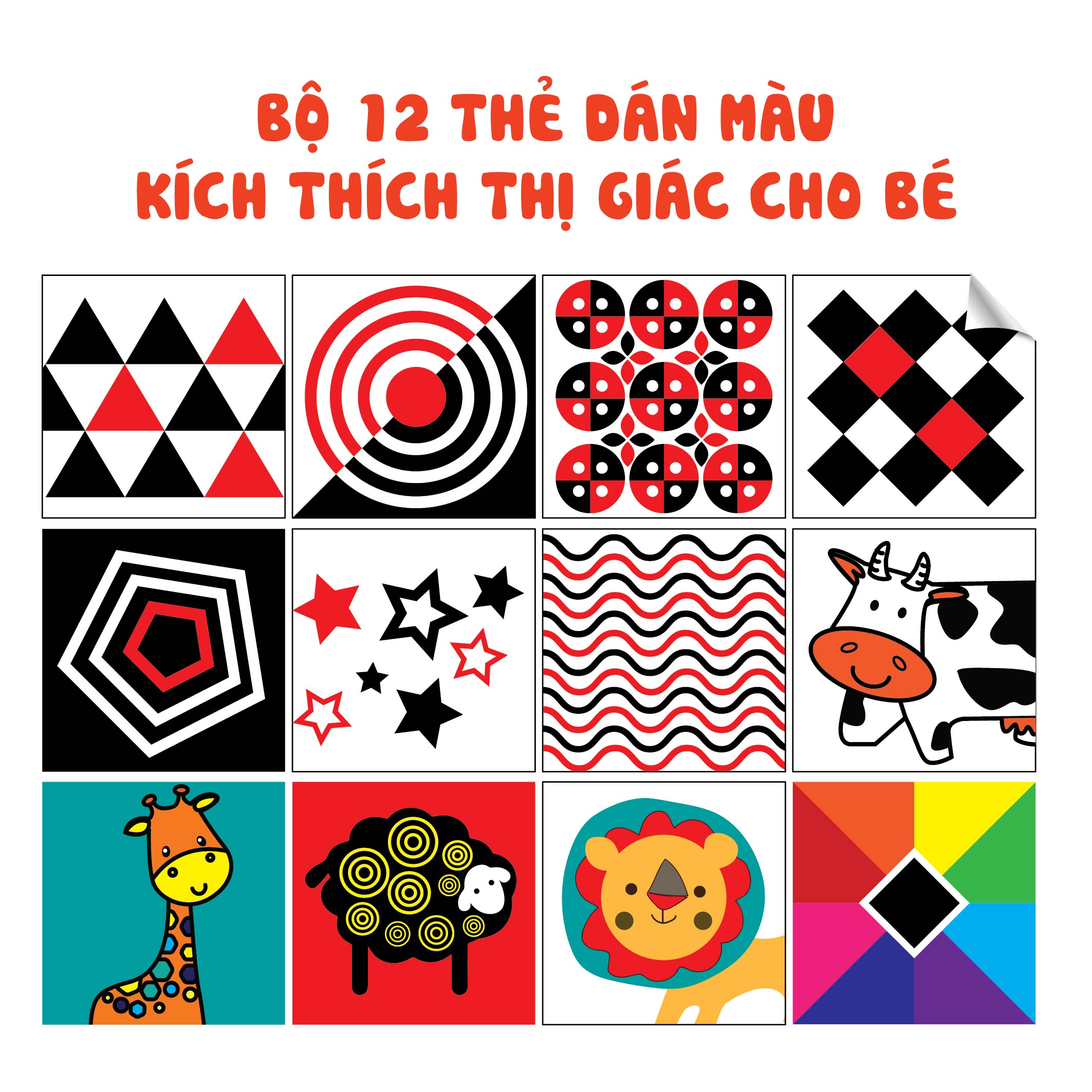 Bộ 12 thẻ dán màu KÍCH THÍCH THỊ GIÁC CHO BÉ