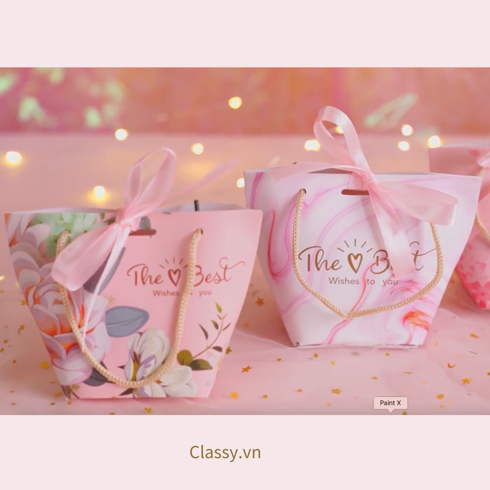 Classy Túi giấy đựng quà thắt nơ in hình dễ thương 14 X 7 X 10 CM đựng son, trang sức, quà tặng đám cưới, lễ tết (Q301)