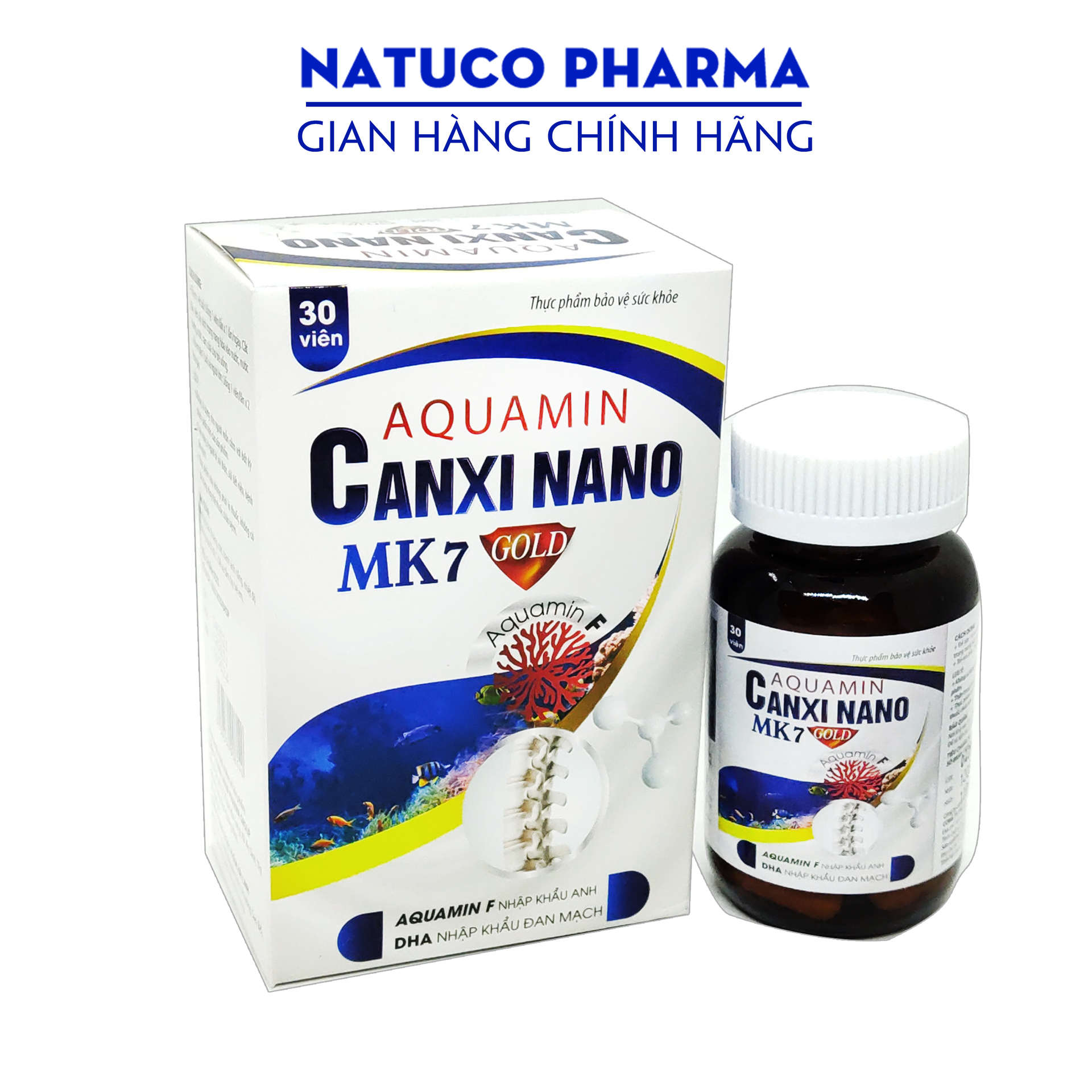 Viên uống bổ sung canxi Aquamin Canxi nano Mk7 Gold - Canxi từ tảo biển đỏ dùng cho trẻ từ 1 tuổi và người lớn - Hộp 30 Viên
