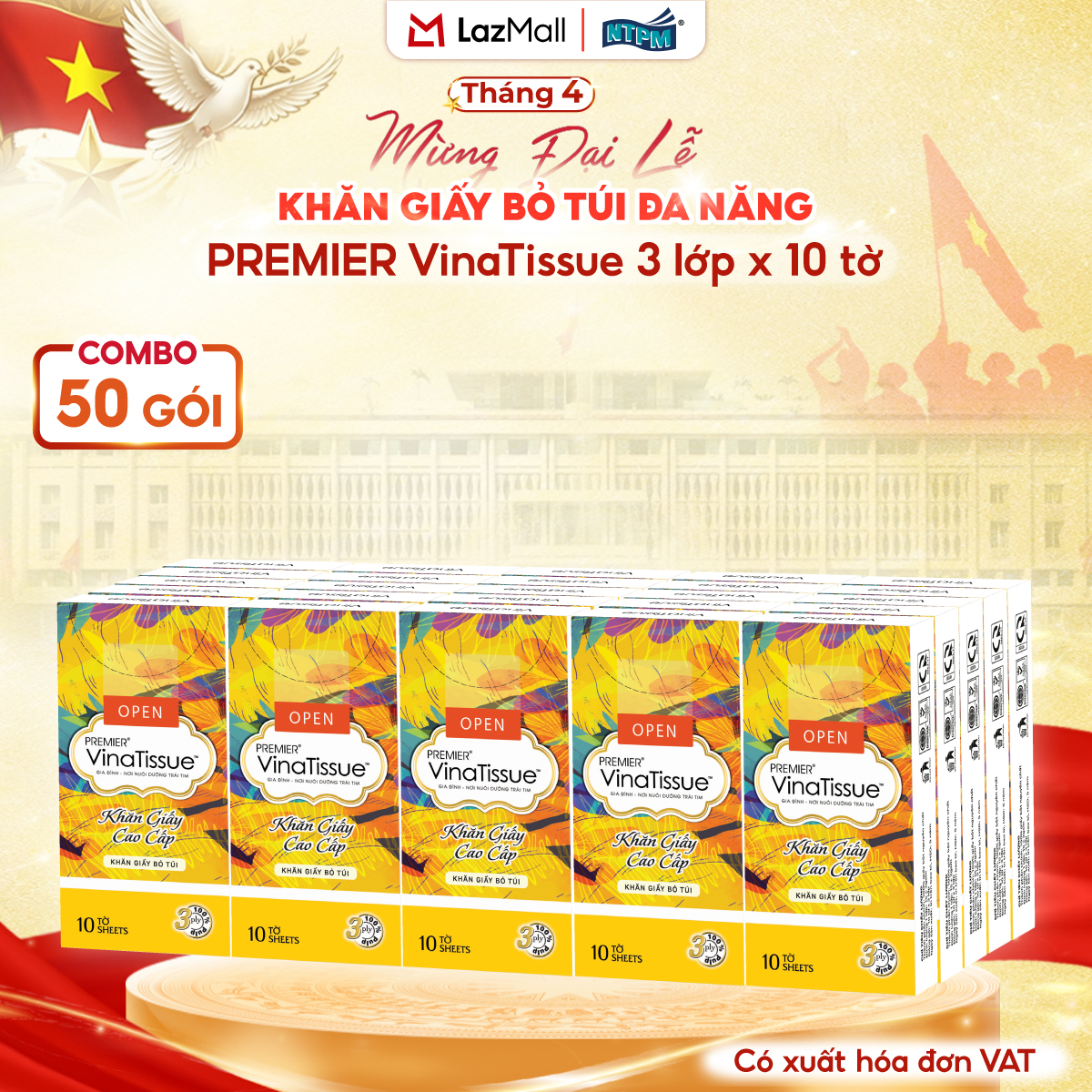 [COMBO 5 LỐC] Khăn giấy bỏ túi đa năng PREMIER VinaTissue, 3 lớp - 100% bột giấy nguyên sinh, không chất tẩy, 10 gói/lốc – Chính hãng