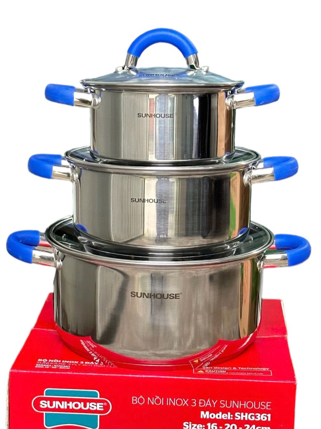 Bộ 3 Nồi Inox 3 Đáy Sunhouse SH361 16-20-24cm chính hãng dùng trên mọi loại bếp