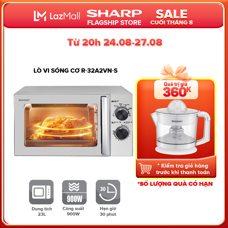 Lò vi sóng cơ Sharp R-32A2VN-S (23 lít) , kích thước nhỏ gọn và tiết kiệm không gian, hàng chính hãng bảo hành 12 tháng