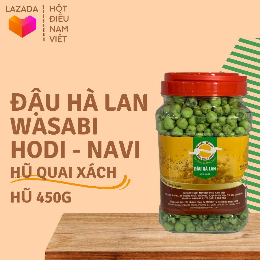 Đậu hà lan wasabi Hodi - Navi hũ quai xách 450g, cay, giòn, ngon miệng, món ăn vặt cho mọi nhà