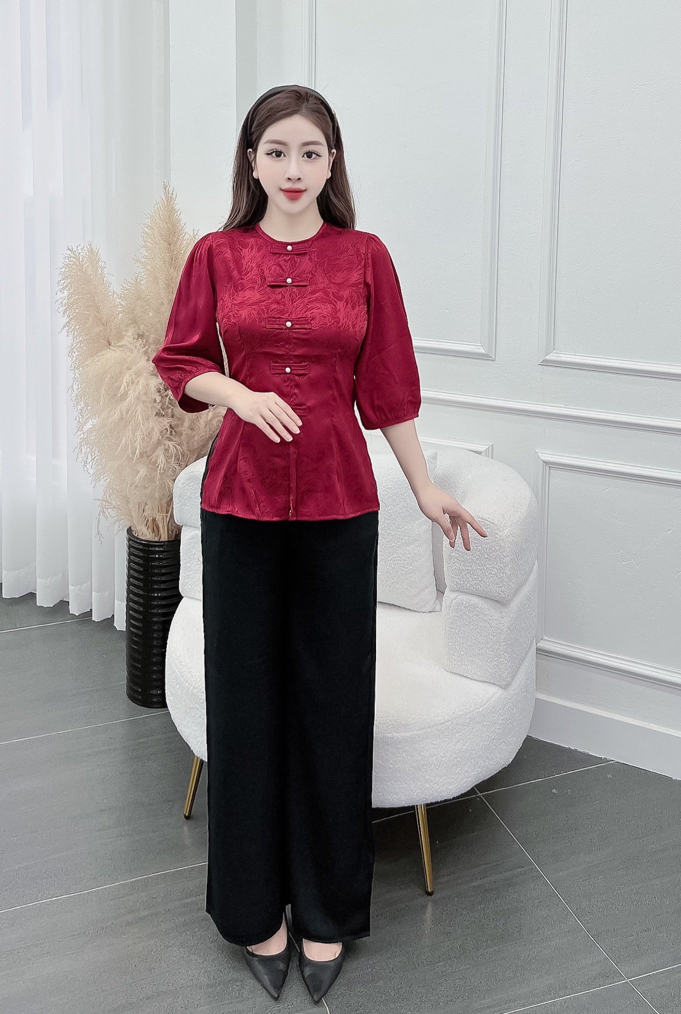 Đồ bộ bà ba nữ quần dài mặc nhà, set bộ nữ bà ba tay lỡ vải gấm - cn104