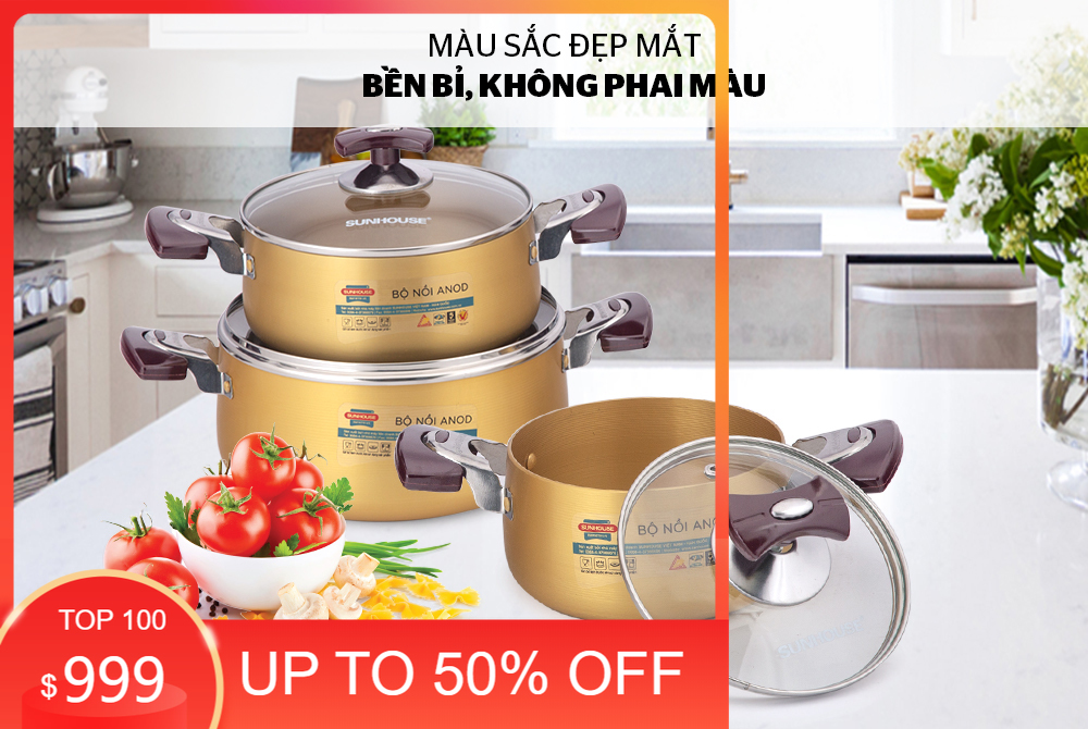 Bộ nồi anod sunhouse sh6634 vàng 16-20-24cm