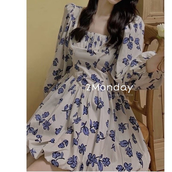 [Sẵn/ảnh thật] Váy hoa nina cổ vuông tay bồng xinh xắn bông xòe điệu tiểu thư