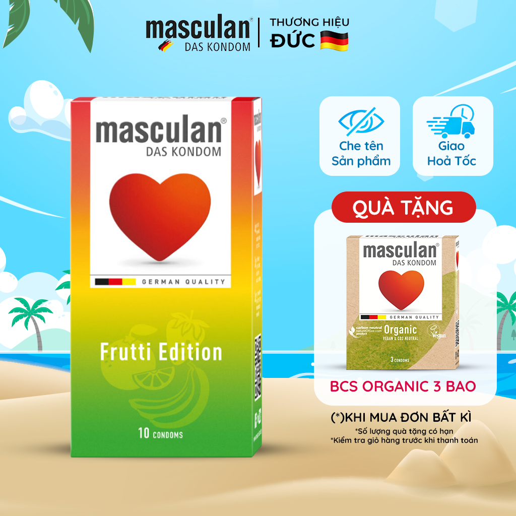 Hộp 10 Cái Bao cao su Đức Masculan Frutti Edition - Hương hoa quả, Cao Cấp, Bao Cao Su Masculan Không Mùi Cao Su, Bán Chạy Nhất Tại Đức