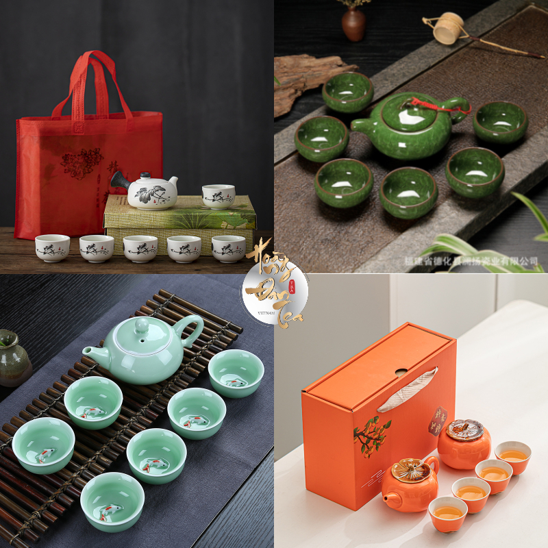 Bộ ấm chén uống trà đạo gốm vân rạn ấm chén 7 món đồ dụng cụ bình uống pha chè bằng gốm sứ hộp đựng cao cấp