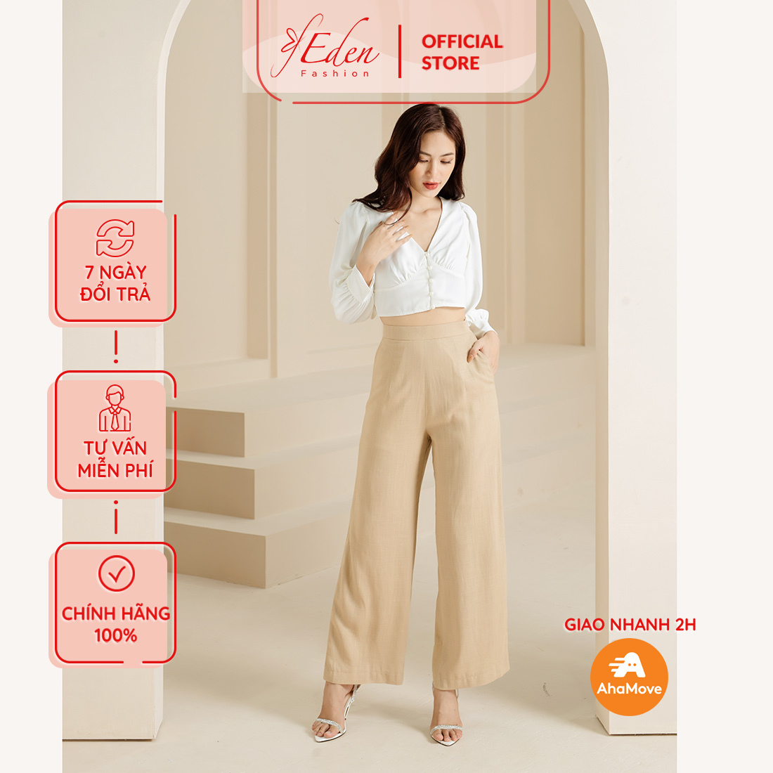 Quần công sở lưng cao ống suông linen thời trang Eden - Q021