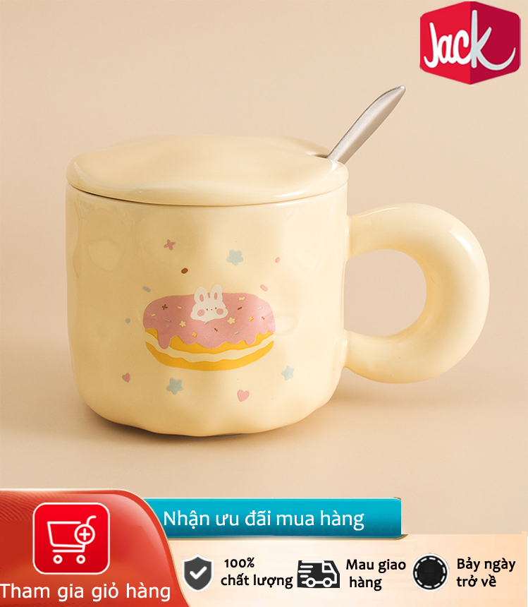 Jack Cốc gốm dễ thương với nắp và muỗng, cốc cà phê văn phòng