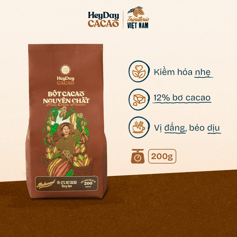 Bột cacao nguyên chất Việt Nam không đường Heyday - Túi giấy 200g - Balanced 12% bơ cacao tự nhiên - Hỗ trợ giảm cân - Keto - Vị socola nguyên bản - Không hương liệu, phụ gia