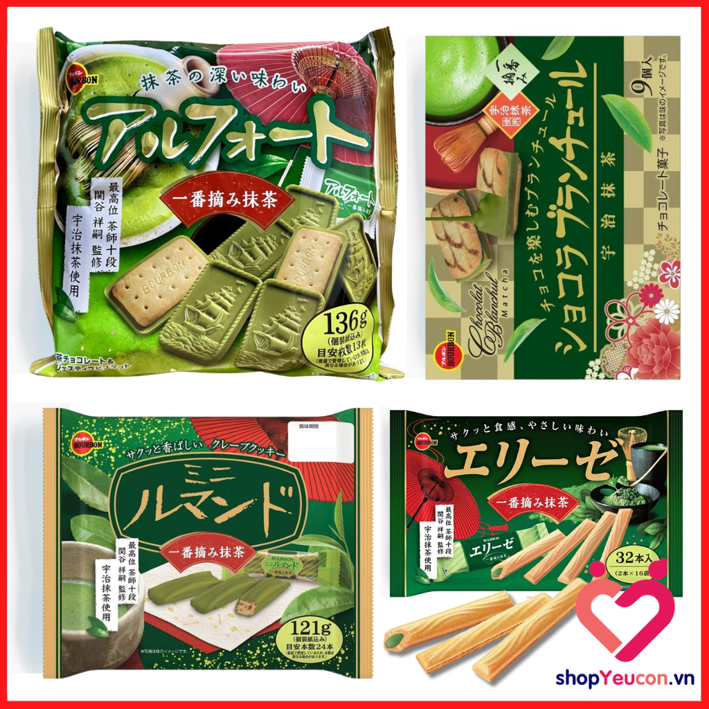 Bánh quy Bourbon Alfort vị trà xanh 136g (13 cái) - Bánh Socola Blanchule Matcha 40g, Elise quế hộp 9 miếng