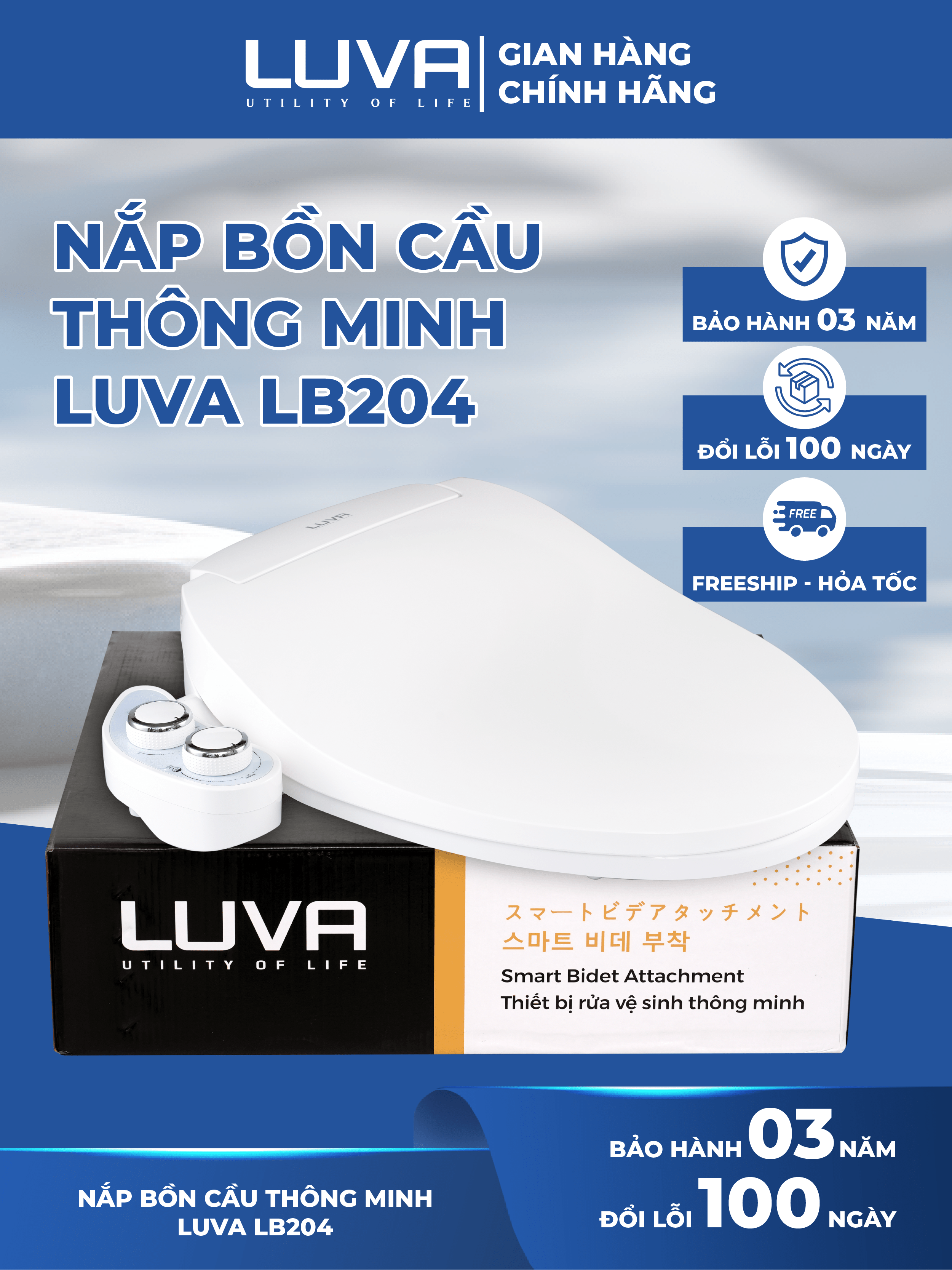Nắp bồn cầu thông minh LUVA BIDET LB204 có nước nóng, xuất Hàn Quốc, bảo hành 3 năm đổi lỗi 100 ngày