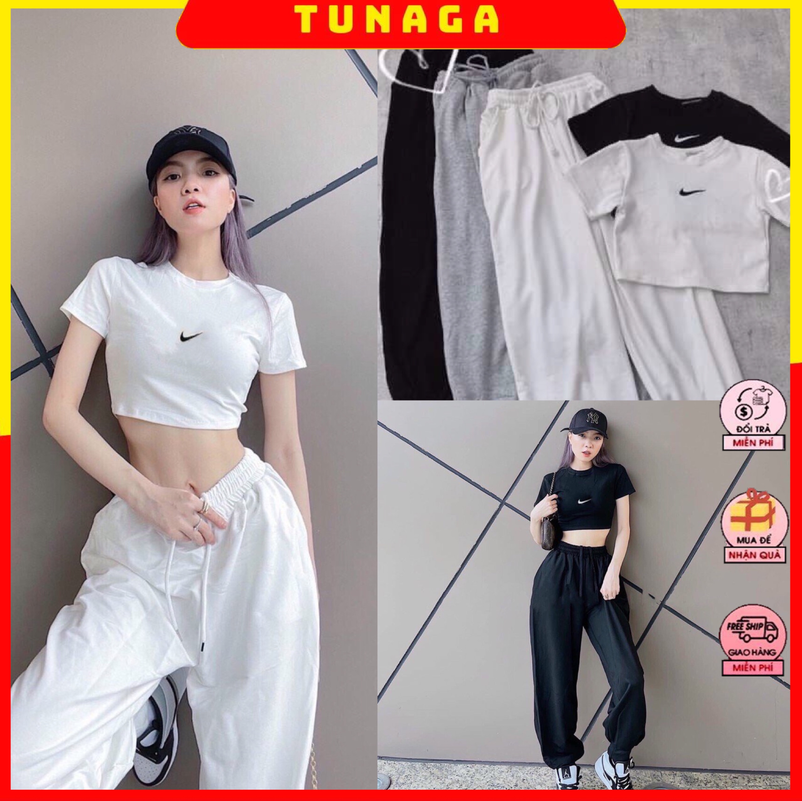 Bộ đồ nữ cotton, set trang phục áo crotop phối quần boom cực ngầu