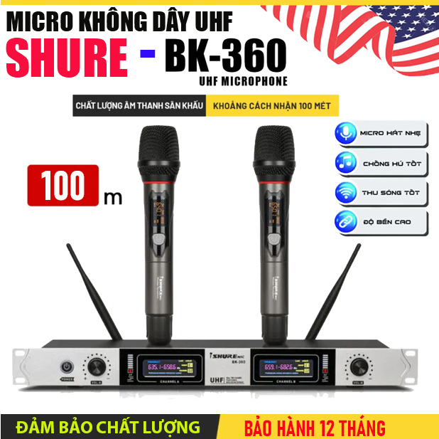 Micro Karaoke Gía Rẻ Micro Không Dây Shure BK360 Chống Hú Rè Độ Nhạy Cao Sóng 100M Cực Khỏe Ổn Định Âm Thanh Mượt Mà Trong Sáng Pin Trâu Không Kén Dàn Máy Karaoke . BH 12 THÁNG