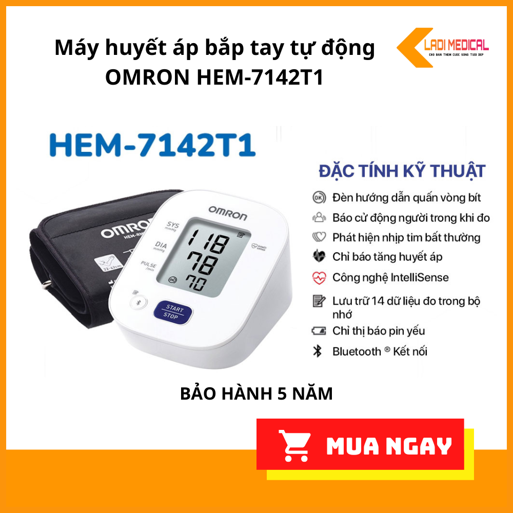 Máy huyết áp bắp tay tự động OMRON HEM-7142T1 "kết nối Bluetooth" bộ nhớ lưu 14 lần đo