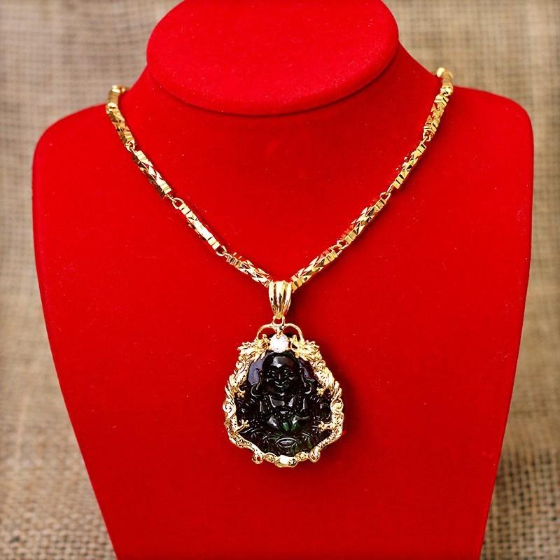 Bộ Dây chuyền , vòng cổ ống trúc mạ vàng 24k - Kèm mặt di lạc đá quý đen viền bọc titan mạ vàng