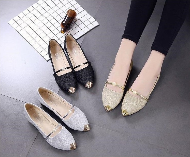 Giày búp bê nữ hạt ngọc ánh nhũ dễ thương