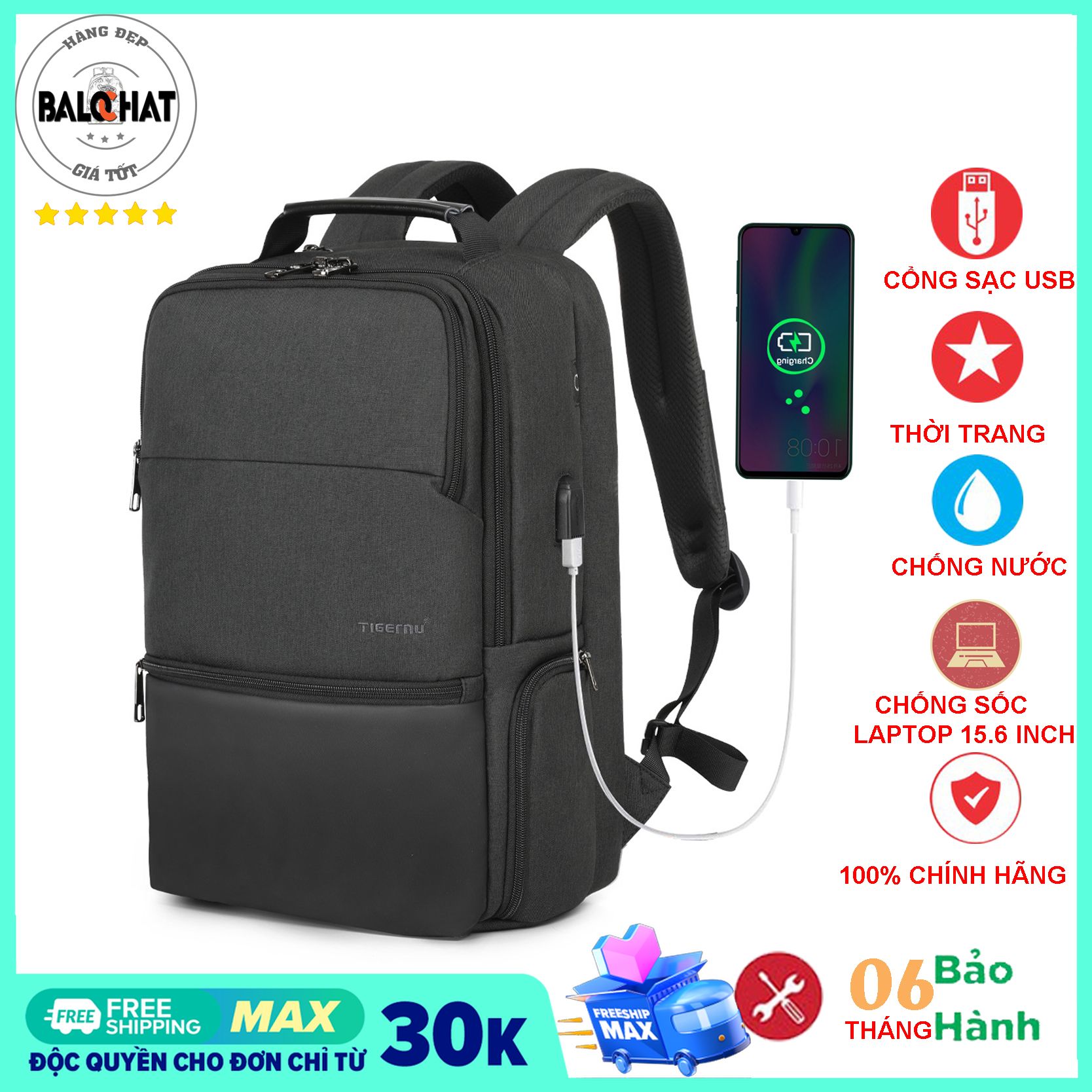 Balo laptop TIGERNU T-3905 (15.6 inch) kiểu dáng thời trang, có cổng sạc USB tiện lợi