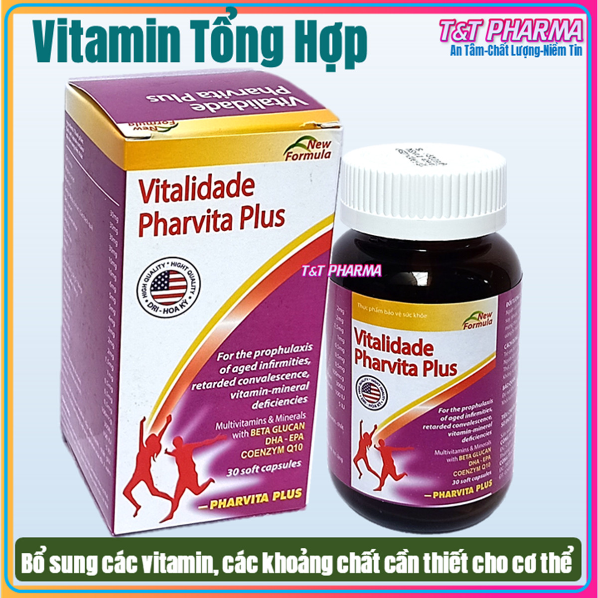 Viên uống vitamin tổng hợp Vitalidade Pharvita Plus bồi bổ cơ thể, tăng cường sức đề kháng, giảm mệt mỏi suy nhược - Chai 30 viên dùng cho người từ 6 tuổi