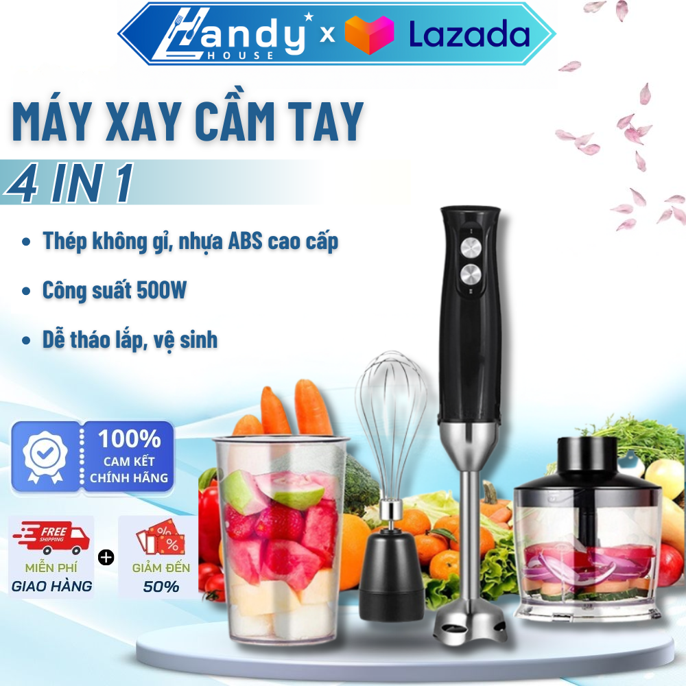 Máy Xay Sinh Tố Cầm Tay 4 In 1, Máy Xay Đa Năng Công Suất 500W, 4 Lưỡi Dao Sắc Tiện Lợi Dễ Dàng Sử Dụng