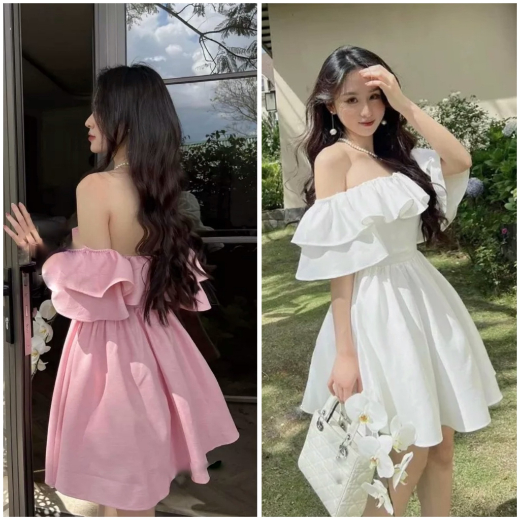 Váy trễ vai von lụa mềm 2 lớp 2 màu hồng trắng