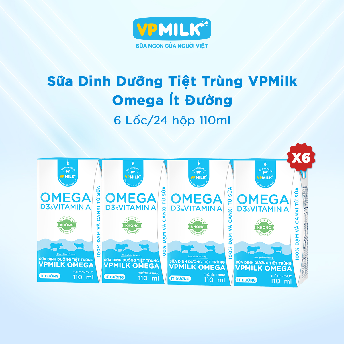 [6 lốc 110ml] Sữa Dinh Dưỡng Tiệt Trùng VPMilk Omega ÍT ĐƯỜNG dạng hộp 110ml cho bé trên 1 tuổi (4 hộp x 6)