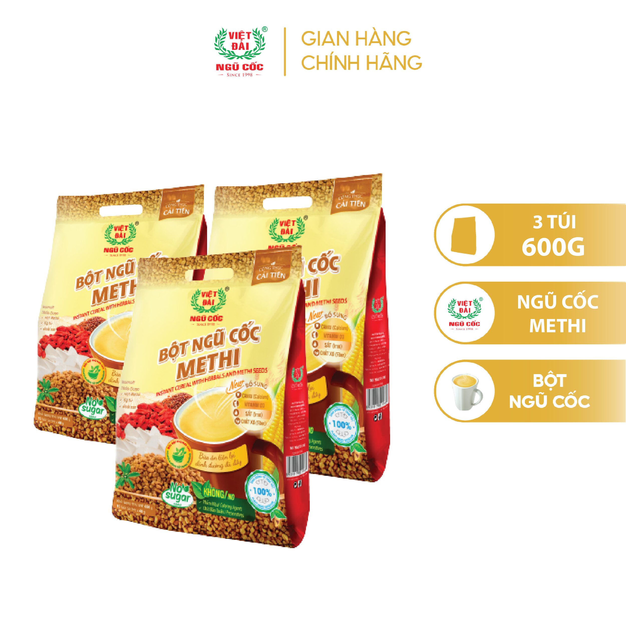 Combo 3 bột ngũ cốc methi việt đài không đường thích hợp dành cho người giảm cân eat clean túi 600g