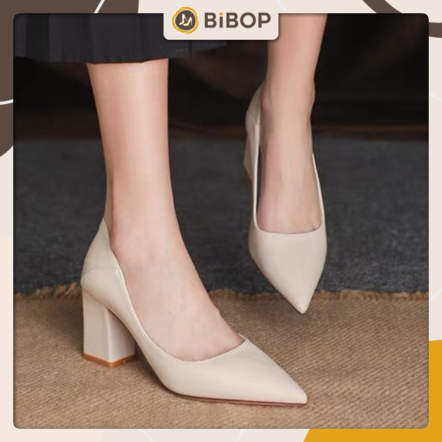 Giày 7 phân, Giày mũi nhọn da mềm cao cấp dáng basic dễ phối đồ đế 7 phân, Cao gót nữ, Giày cao gót 7 phân đế vuông, Giày dép nữ Bibop, V7