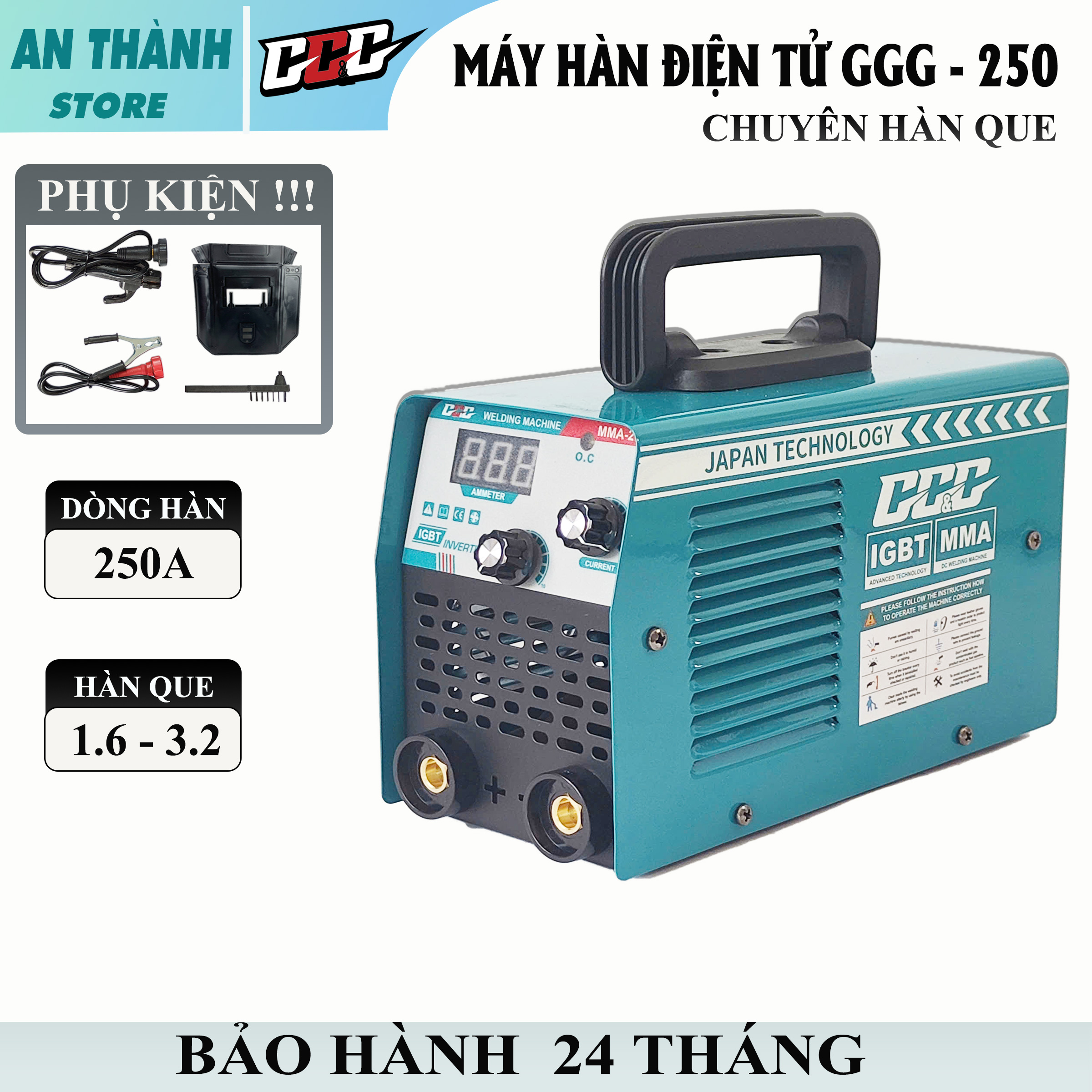  máy hàn que GGG-250 chuyên hàn que 2.5 hàn sắt thép inox đầy đủ bộ phụ kiện. Bảo hành đến 24 tháng 