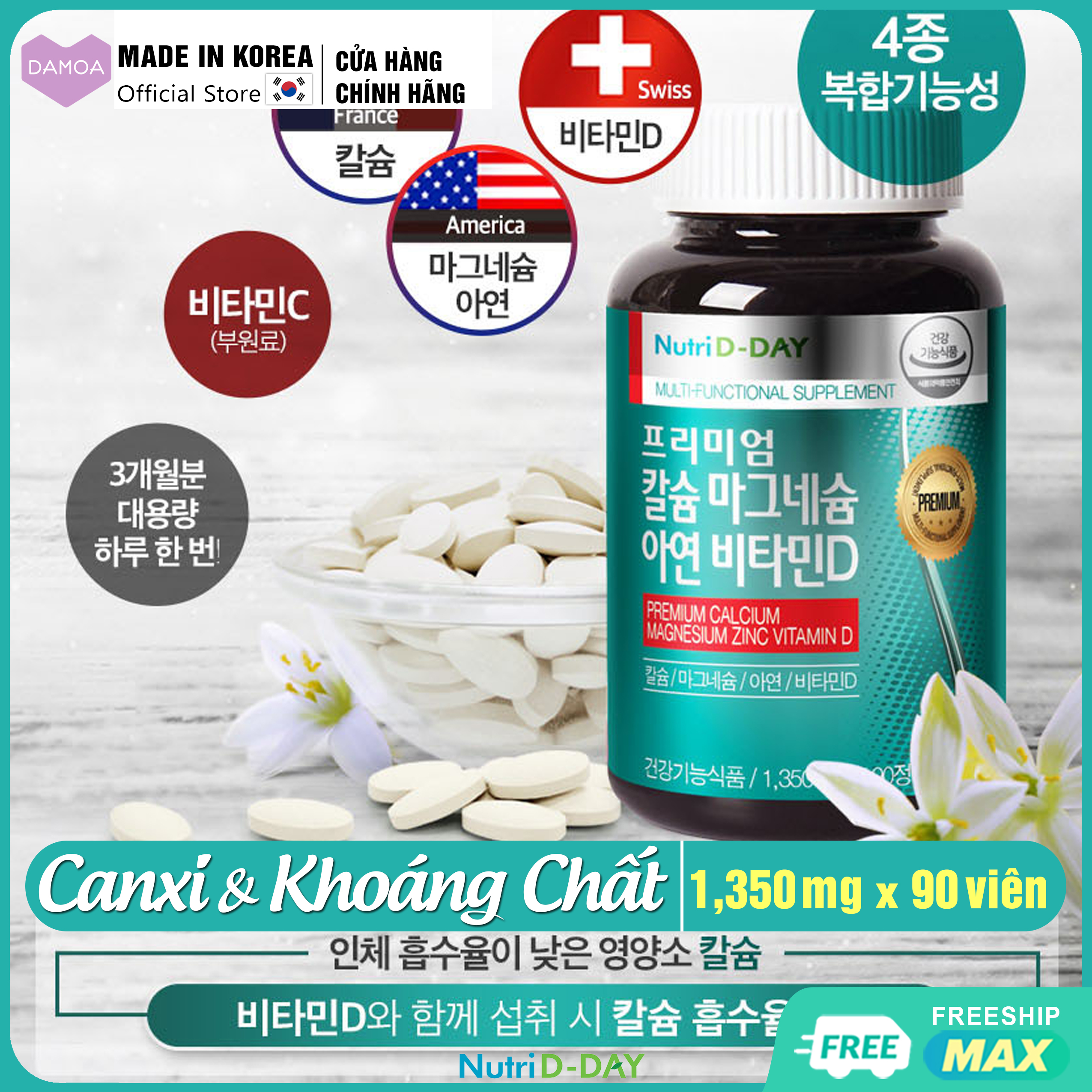 Lọ 90 Viên uống Tổng hợp Vitamin D, Canxi, Kẽm, Magiê cao cấp Nutri D-Day Hàn Quốc (Liệu trình 3 tháng)