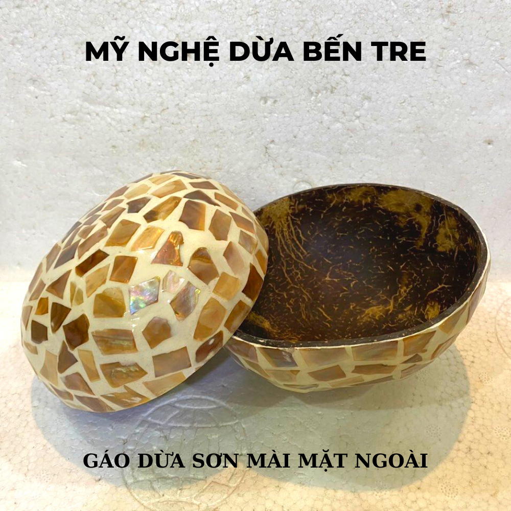 Gáo dừa sơn mài – cẩn ốc – cẩn trứng – bát khảm trai – mặt trong. giao màu và họa tiết ngẫu nhiên