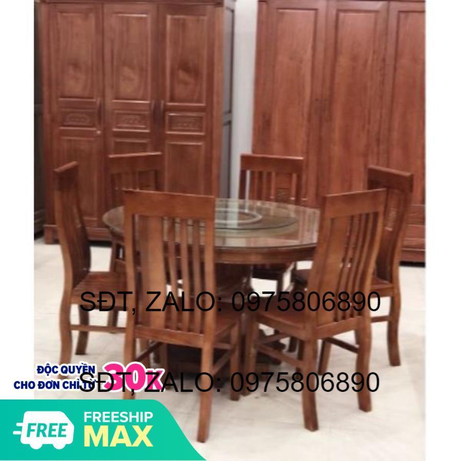 Bộ Bàn Ăn Tròn Mâm Xoay Kính Gỗ Sồi 6 Ghế Màu Cánh Gián .